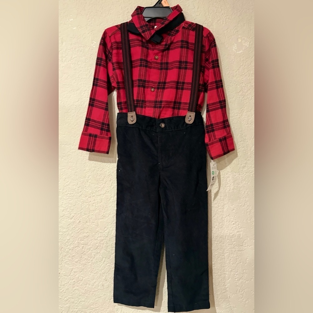 Carter's baby boy's red plaid shirt and black suspender pants outfit set. 3T - Picture 2 of 8